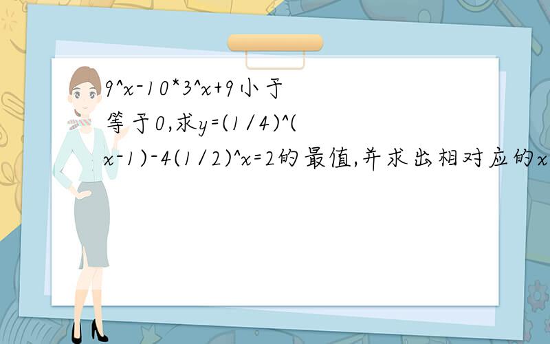 9^x-10*3^x+9小于等于0,求y=(1/4)^(x-1)-4(1/2)^x=2的最值,并求出相对应的x的值