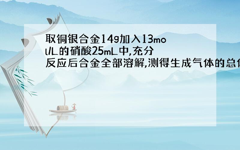 取铜银合金14g加入13mol/L的硝酸25mL中,充分反应后合金全部溶解,测得生成气体的总体积为2.24L（标准状况下