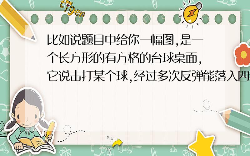 比如说题目中给你一幅图,是一个长方形的有方格的台球桌面,它说击打某个球,经过多次反弹能落入四个球袋中的哪个球袋.(球袋图