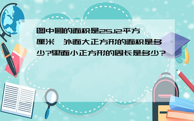 图中圆的面积是25.12平方厘米,外面大正方形的面积是多少?里面小正方形的周长是多少?