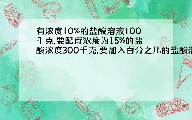 有浓度10%的盐酸溶液100千克,要配置浓度为15%的盐酸浓度300千克,要加入百分之几的盐酸溶液浓度