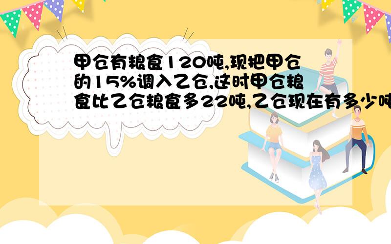 甲仓有粮食120吨,现把甲仓的15%调入乙仓,这时甲仓粮食比乙仓粮食多22吨,乙仓现在有多少吨?