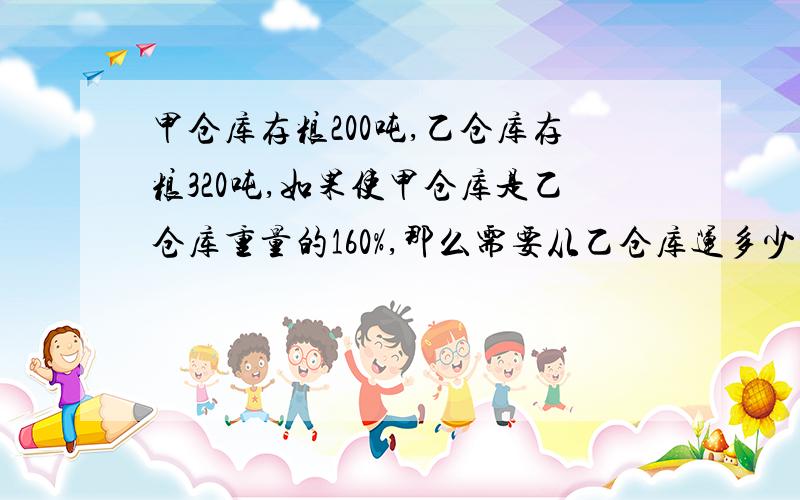 甲仓库存粮200吨,乙仓库存粮320吨,如果使甲仓库是乙仓库重量的160%,那么需要从乙仓库运多少吨粮食放到甲仓库?