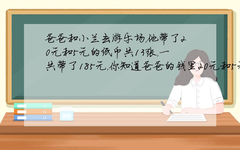 爸爸和小兰去游乐场，他带了20元和5元的纸币共13张，一共带了185元，你知道爸爸的钱里20元和5元的各几张吗？