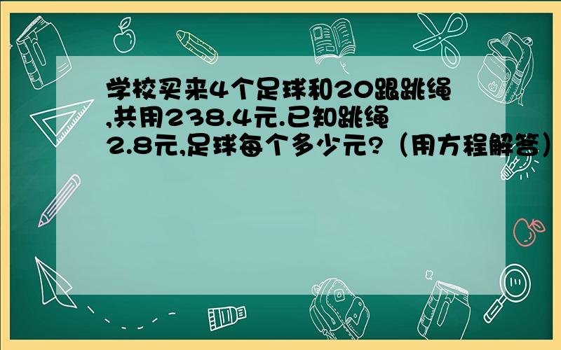 学校买来4个足球和20跟跳绳,共用238.4元.已知跳绳2.8元,足球每个多少元?（用方程解答）