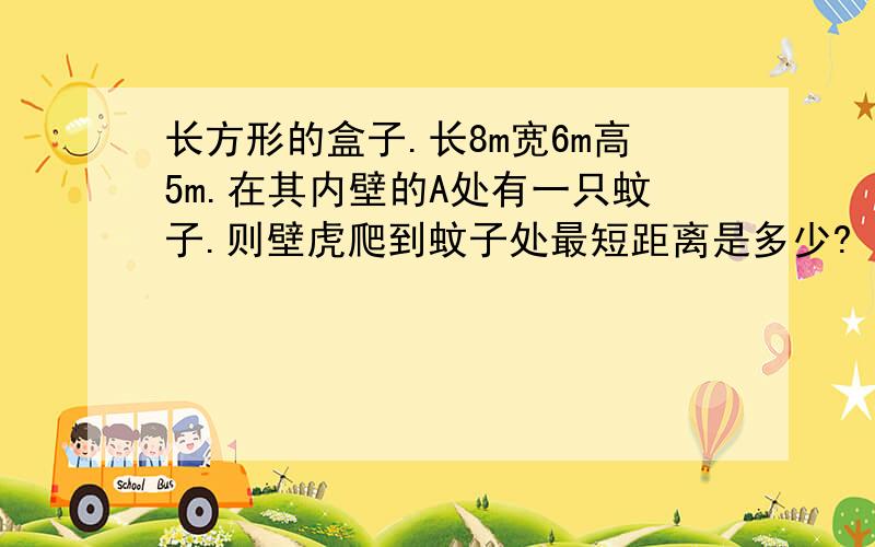 长方形的盒子.长8m宽6m高5m.在其内壁的A处有一只蚊子.则壁虎爬到蚊子处最短距离是多少?