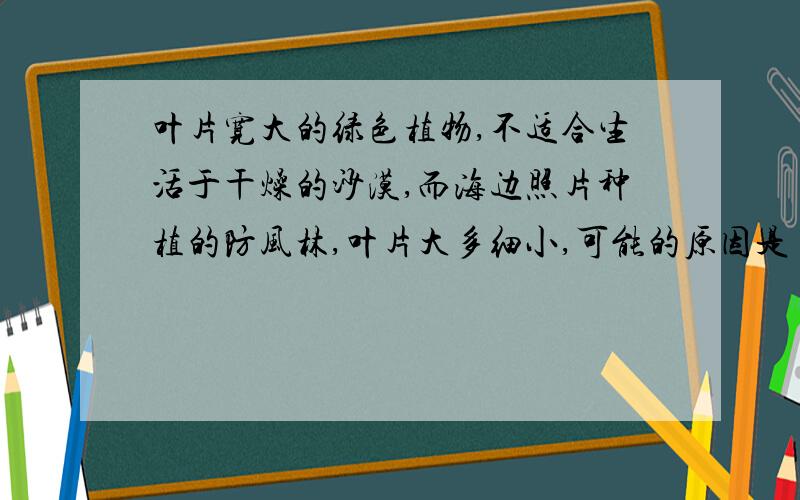 叶片宽大的绿色植物,不适合生活于干燥的沙漠,而海边照片种植的防风林,叶片大多细小,可能的原因是（ ）