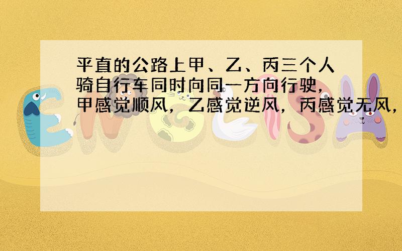 平直的公路上甲、乙、丙三个人骑自行车同时向同一方向行驶，甲感觉顺风，乙感觉逆风，丙感觉无风，由此可以判断三个人骑车速度最