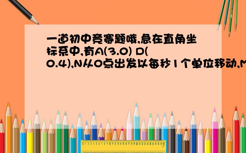 一道初中竞赛题哦,急在直角坐标系中,有A(3.0) D(0.4),N从0点出发以每秒1个单位移动,M从A出发以每秒0.5