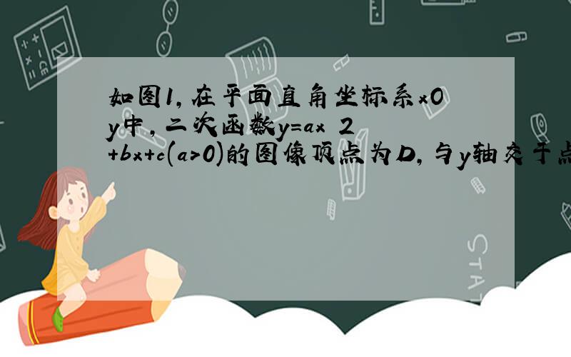 如图1，在平面直角坐标系xOy中，二次函数y＝ax 2 ＋bx＋c(a＞0)的图像顶点为D，与y轴交于点C，与x轴交于点