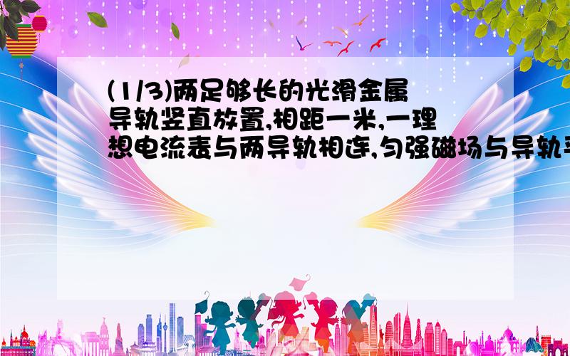 (1/3)两足够长的光滑金属导轨竖直放置,相距一米,一理想电流表与两导轨相连,匀强磁场与导轨平面垂直...