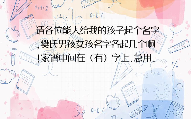 请各位能人给我的孩子起个名字,樊氏男孩女孩名字各起几个啊!家谱中间在（有）字上.急用,