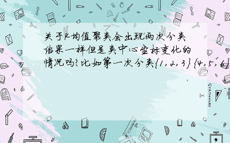 关于K均值聚类会出现两次分类结果一样但是类中心坐标变化的情况吗?比如第一次分类{1,2,3} {4,5,6}第二次也是这