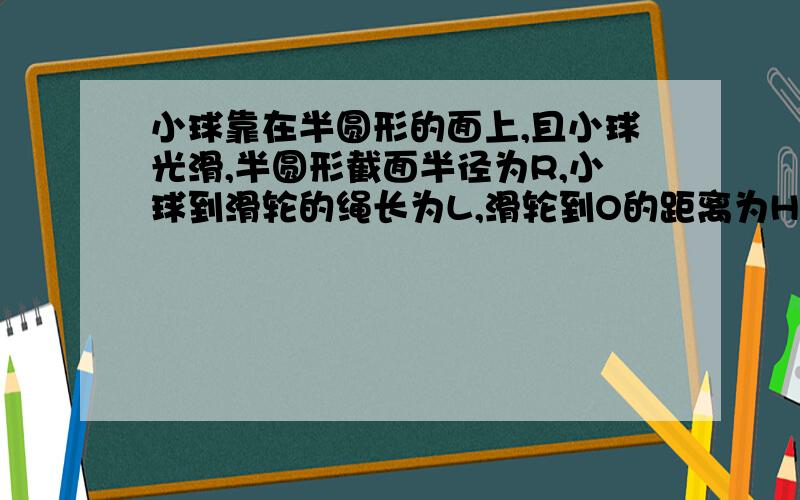 小球靠在半圆形的面上,且小球光滑,半圆形截面半径为R,小球到滑轮的绳长为L,滑轮到O的距离为H,小球所受重力为G,拉力为