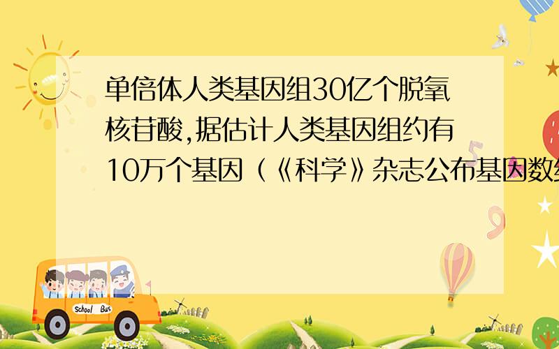 单倍体人类基因组30亿个脱氧核苷酸,据估计人类基因组约有10万个基因（《科学》杂志公布基因数约3.2万个）编码序列约1亿