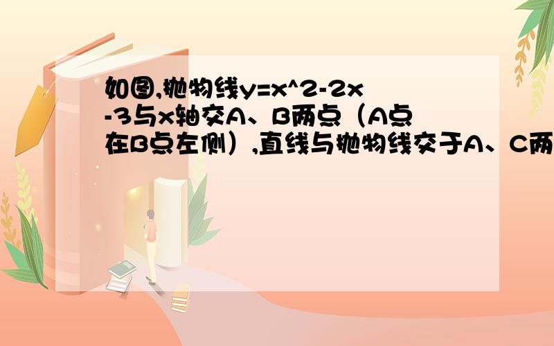 如图,抛物线y=x^2-2x-3与x轴交A、B两点（A点在B点左侧）,直线与抛物线交于A、C两点,其中C点的横坐标为2