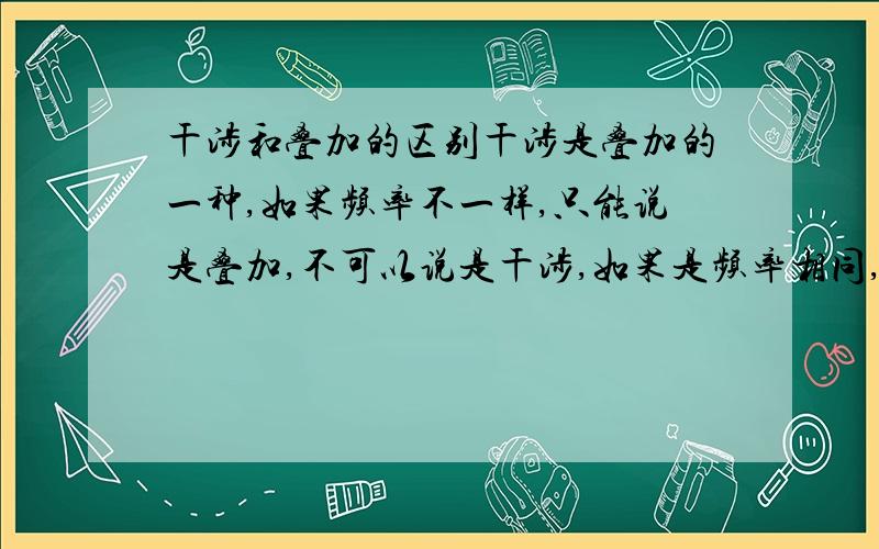 干涉和叠加的区别干涉是叠加的一种,如果频率不一样,只能说是叠加,不可以说是干涉,如果是频率相同,是不是既可以说是叠加又可