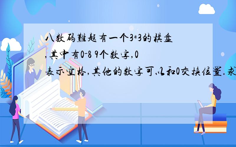 八数码难题有一个3*3的棋盘,其中有0-8 9个数字,0表示空格,其他的数字可以和0交换位置.求由初始状态1 2 34