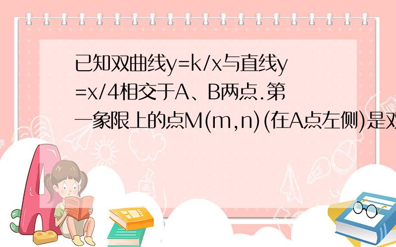 已知双曲线y=k/x与直线y=x/4相交于A、B两点.第一象限上的点M(m,n)(在A点左侧)是双曲线y=k/x上的动点