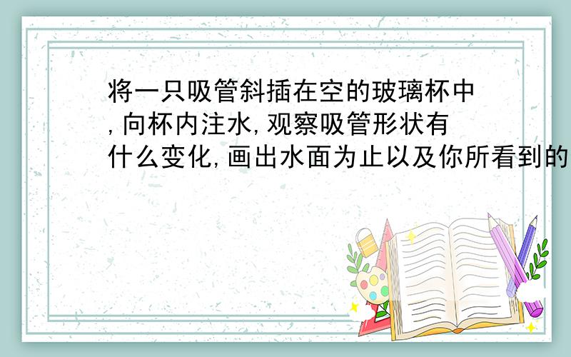 将一只吸管斜插在空的玻璃杯中,向杯内注水,观察吸管形状有什么变化,画出水面为止以及你所看到的像