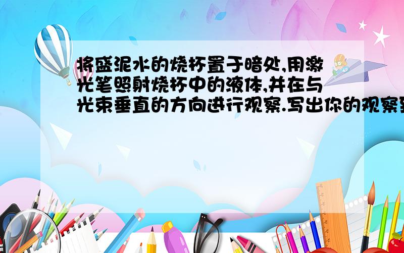 将盛泥水的烧杯置于暗处,用激光笔照射烧杯中的液体,并在与光束垂直的方向进行观察.写出你的观察到的实验现象,并说明为什么.