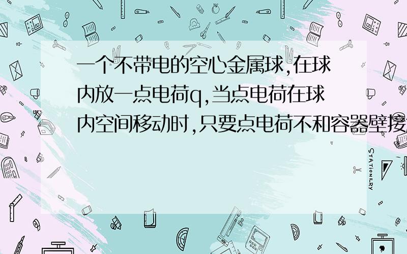 一个不带电的空心金属球,在球内放一点电荷q,当点电荷在球内空间移动时,只要点电荷不和容器壁接触,则有（ ）