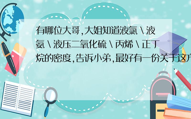 有哪位大哥,大姐知道液氯＼液氨＼液压二氧化硫＼丙烯＼正丁烷的密度,告诉小弟,最好有一份关于这方面的密度表．呵