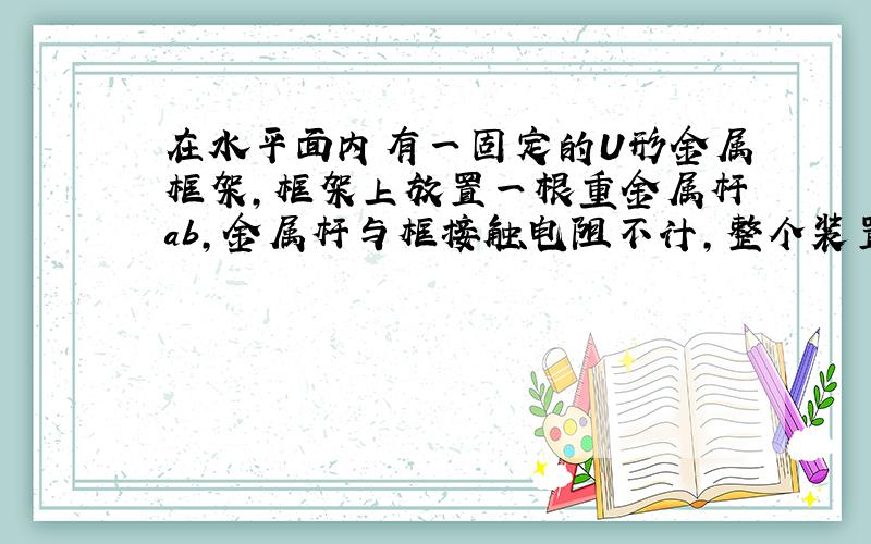 在水平面内有一固定的U形金属框架，框架上放置一根重金属杆ab，金属杆与框接触电阻不计，整个装置放在竖直方向的磁场中，如图