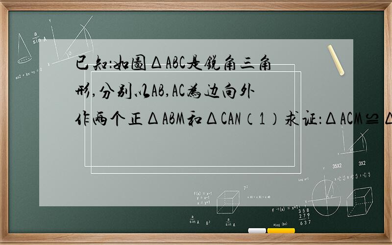 已知：如图ΔABC是锐角三角形,分别以AB,AC为边向外作两个正ΔABM和ΔCAN（1）求证：ΔACM≌ΔANB