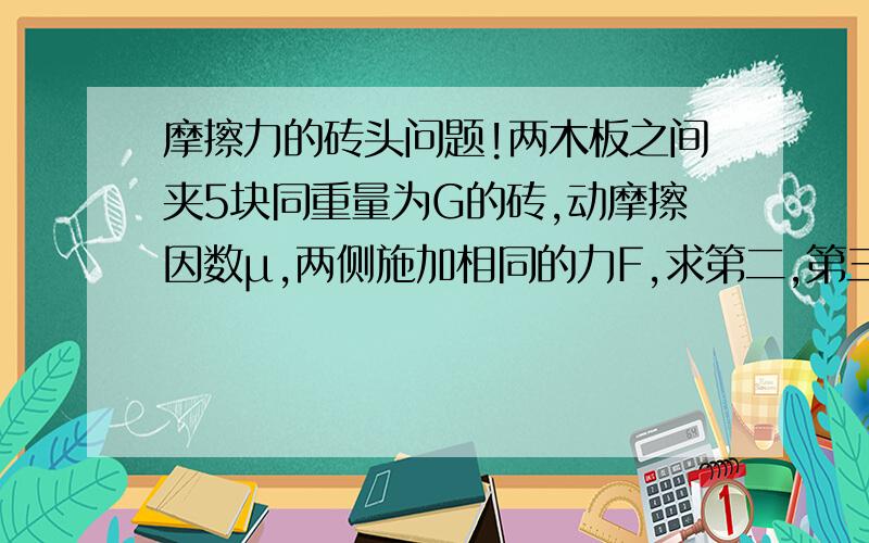 摩擦力的砖头问题!两木板之间夹5块同重量为G的砖,动摩擦因数μ,两侧施加相同的力F,求第二,第三两砖之间的摩擦力那里摩擦