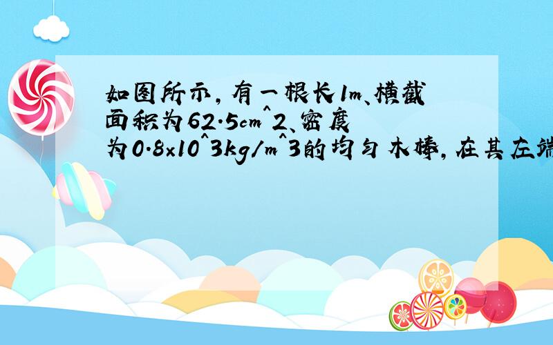 如图所示,有一根长1m、横截面积为62.5cm^2、密度为0.8×10^3kg/m^3的均匀木棒,在其左端挂一个重160