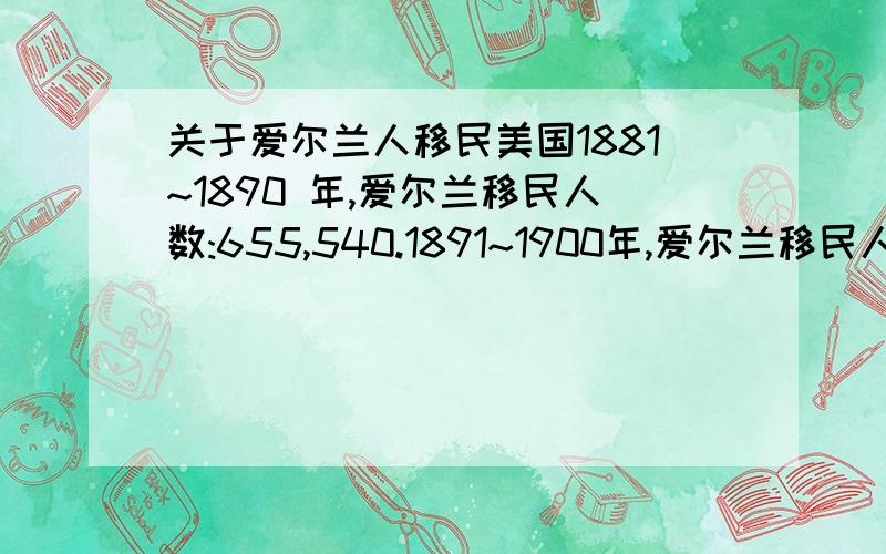 关于爱尔兰人移民美国1881~1890 年,爱尔兰移民人数:655,540.1891~1900年,爱尔兰移民人数:388