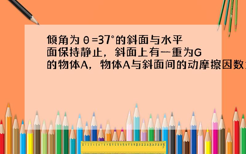 倾角为θ=37°的斜面与水平面保持静止，斜面上有一重为G的物体A，物体A与斜面间的动摩擦因数为μ=0.5，现给A施以一水