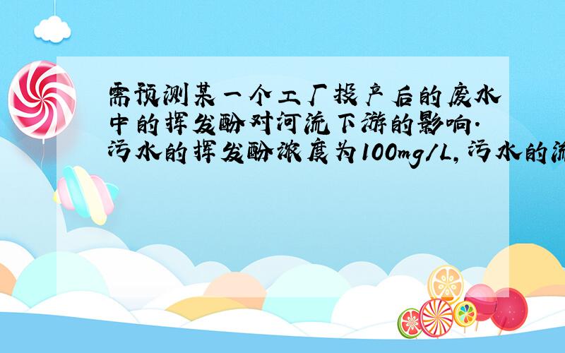 需预测某一个工厂投产后的废水中的挥发酚对河流下游的影响.污水的挥发酚浓度为100mg/L,污水的流量为2.5 m3/s,