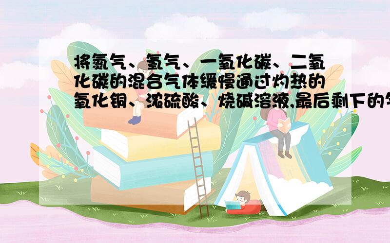 将氮气、氢气、一氧化碳、二氧化碳的混合气体缓慢通过灼热的氧化铜、浓硫酸、烧碱溶液,最后剩下的气体是什么?若先通过烧碱溶液