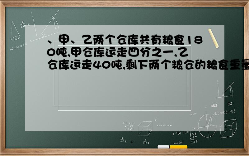 、甲、乙两个仓库共有粮食180吨,甲仓库运走四分之一,乙仓库运走40吨,剩下两个粮仓的粮食重量相等,原来两个粮仓各有粮食