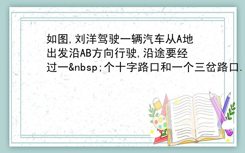 如图,刘洋驾驶一辆汽车从A地出发沿AB方向行驶,沿途要经过一 个十字路口和一个三岔路口.每到拐弯处,靠直觉转向