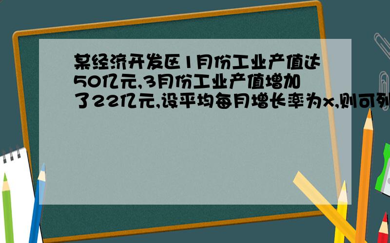 某经济开发区1月份工业产值达50亿元,3月份工业产值增加了22亿元,设平均每月增长率为x,则可列方程为_____.