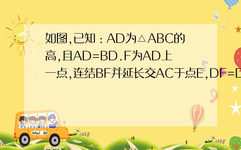 如图,已知：AD为△ABC的高,且AD=BD.F为AD上一点,连结BF并延长交AC于点E,DF=DC.