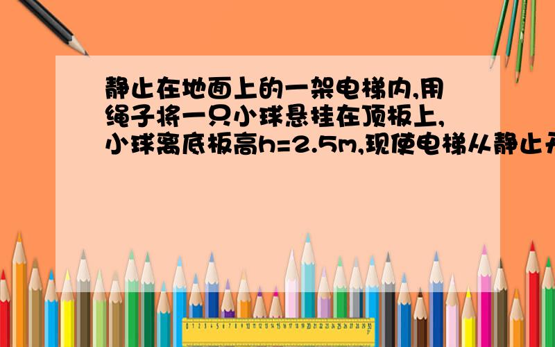 静止在地面上的一架电梯内,用绳子将一只小球悬挂在顶板上,小球离底板高h=2.5m,现使电梯从静止开始以加速度a=10m/