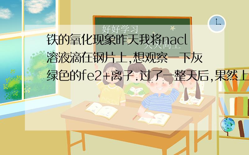 铁的氧化现象昨天我将nacl溶液滴在钢片上,想观察一下灰绿色的fe2+离子.过了一整天后,果然上层清液是绿的,钢片表面也