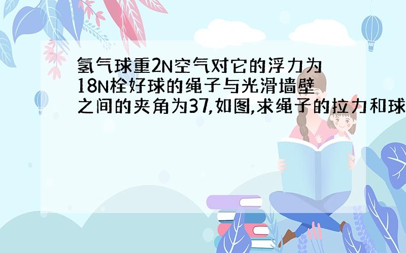 氢气球重2N空气对它的浮力为18N栓好球的绳子与光滑墙壁之间的夹角为37,如图,求绳子的拉力和球对墙压力