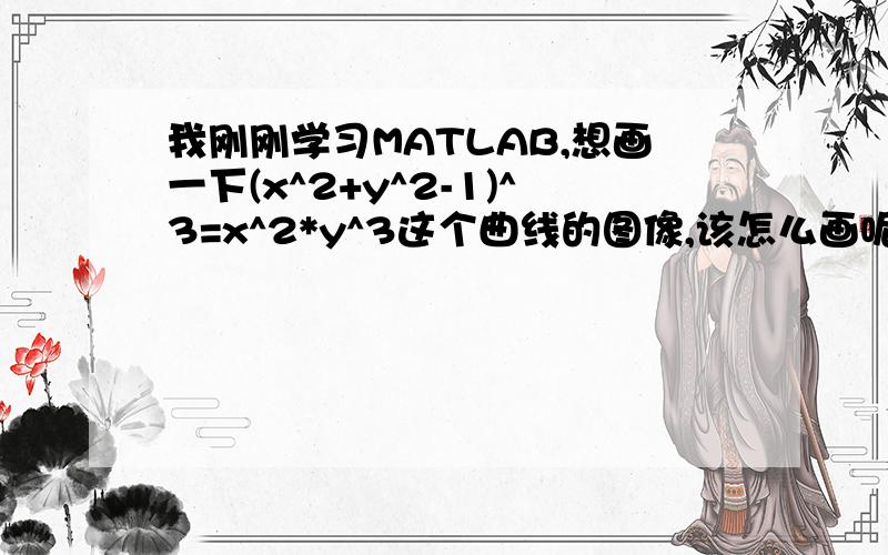 我刚刚学习MATLAB,想画一下(x^2+y^2-1)^3=x^2*y^3这个曲线的图像,该怎么画呢,