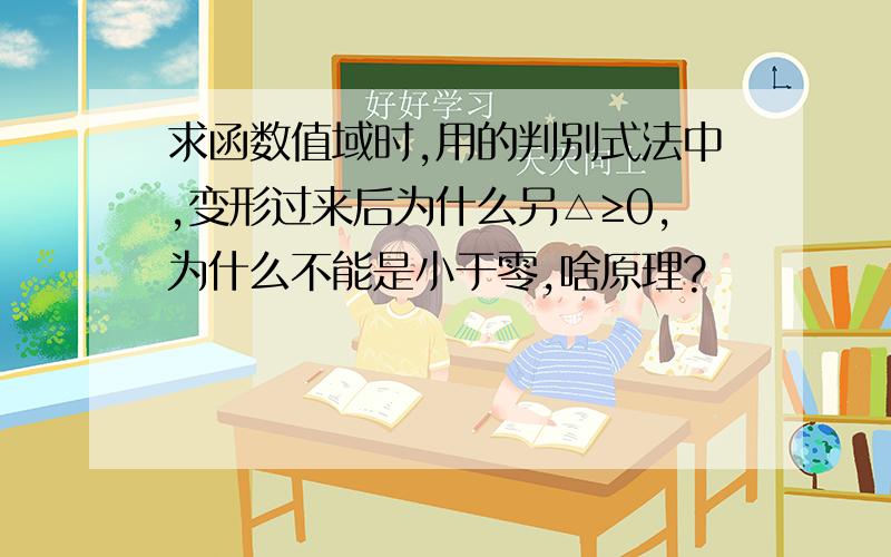 求函数值域时,用的判别式法中,变形过来后为什么另△≥0,为什么不能是小于零,啥原理?