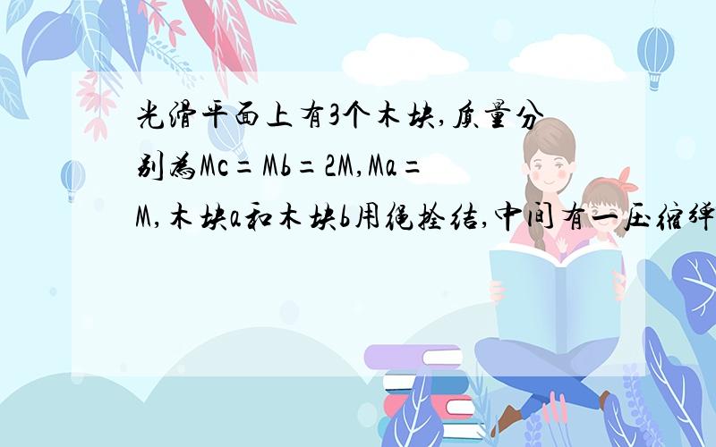 光滑平面上有3个木块,质量分别为Mc=Mb=2M,Ma=M,木块a和木块b用绳拴结,中间有一压缩弹簧,(弹簧不与滑块拴结