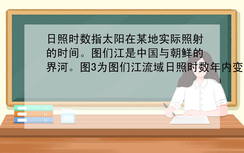 日照时数指太阳在某地实际照射的时间。图们江是中国与朝鲜的界河。图3为图们江流域日照时数年内变化柱状图。完成7-8题。 7