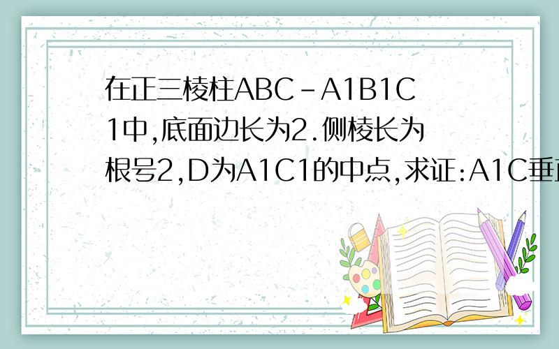 在正三棱柱ABC-A1B1C1中,底面边长为2.侧棱长为根号2,D为A1C1的中点,求证:A1C垂直B1D