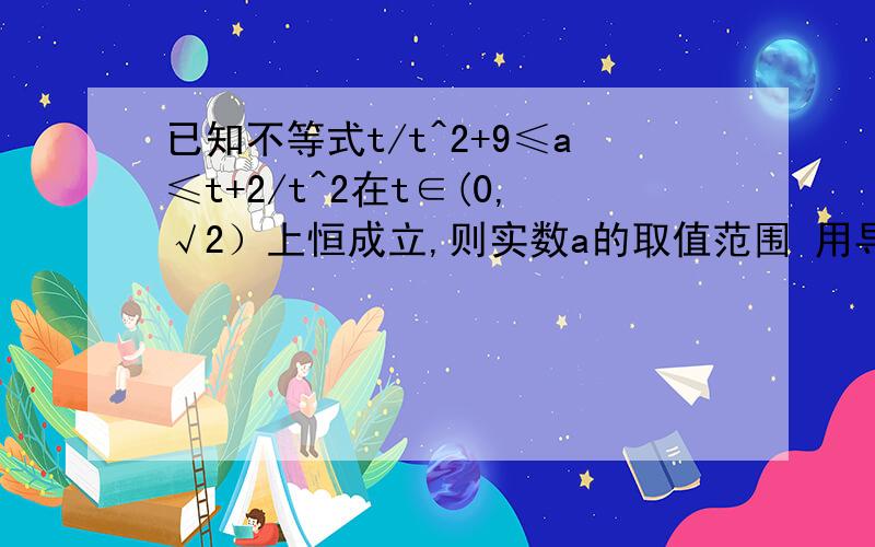 已知不等式t/t^2+9≤a≤t+2/t^2在t∈(0,√2）上恒成立,则实数a的取值范围 用导数的方法解