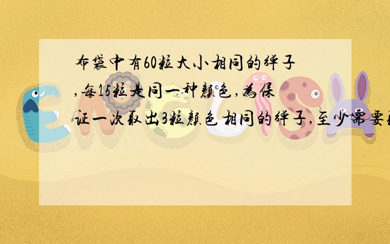 布袋中有60粒大小相同的弹子,每15粒是同一种颜色,为保证一次取出3粒颜色相同的弹子,至少需要取出多少粒?