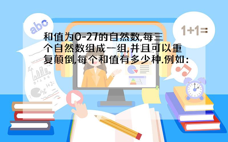 和值为0-27的自然数,每三个自然数组成一组,并且可以重复颠倒,每个和值有多少种.例如：